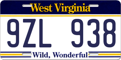 WV license plate 9ZL938