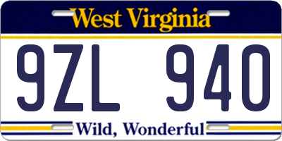 WV license plate 9ZL940