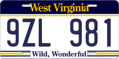 WV license plate 9ZL981
