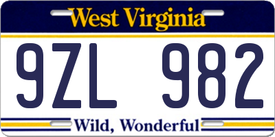 WV license plate 9ZL982