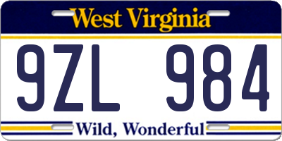WV license plate 9ZL984