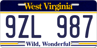 WV license plate 9ZL987