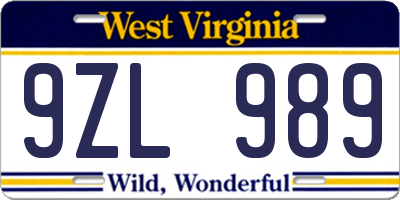 WV license plate 9ZL989