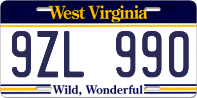 WV license plate 9ZL990