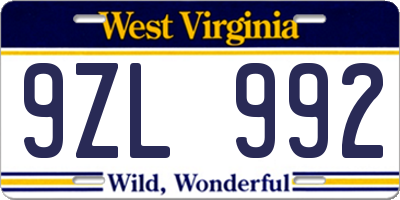 WV license plate 9ZL992