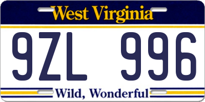 WV license plate 9ZL996