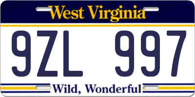 WV license plate 9ZL997