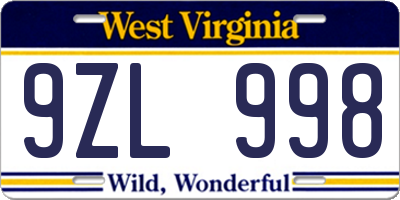 WV license plate 9ZL998
