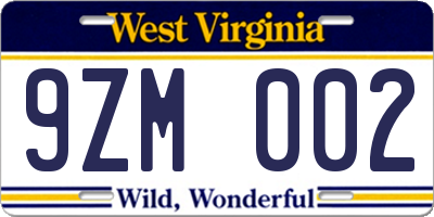 WV license plate 9ZM002