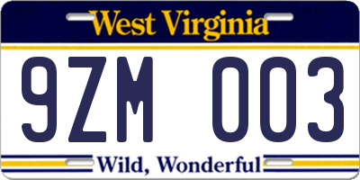 WV license plate 9ZM003