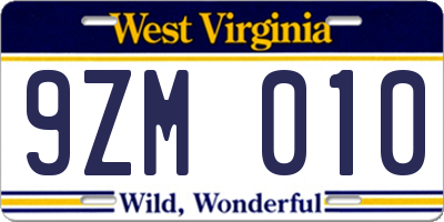 WV license plate 9ZM010
