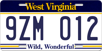 WV license plate 9ZM012