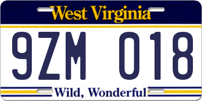 WV license plate 9ZM018
