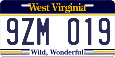 WV license plate 9ZM019