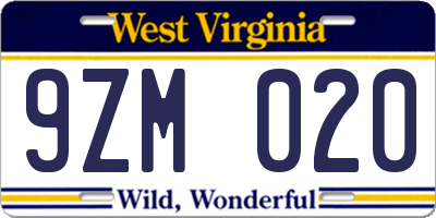 WV license plate 9ZM020