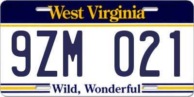 WV license plate 9ZM021