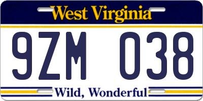 WV license plate 9ZM038