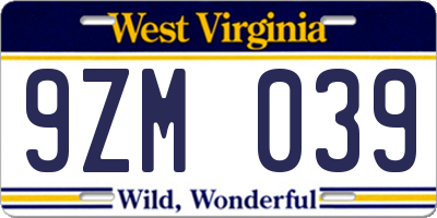 WV license plate 9ZM039