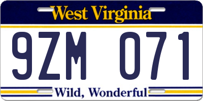 WV license plate 9ZM071