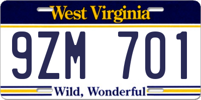 WV license plate 9ZM701
