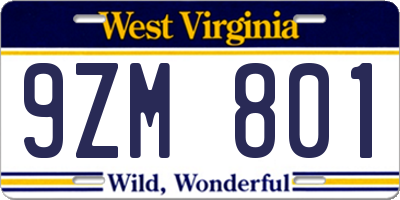 WV license plate 9ZM801