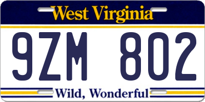 WV license plate 9ZM802
