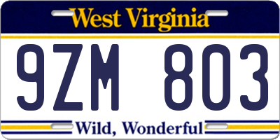 WV license plate 9ZM803