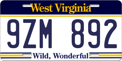 WV license plate 9ZM892