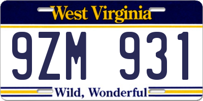 WV license plate 9ZM931