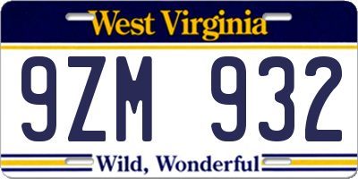 WV license plate 9ZM932