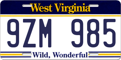 WV license plate 9ZM985