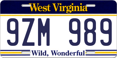 WV license plate 9ZM989