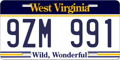 WV license plate 9ZM991