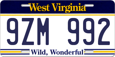 WV license plate 9ZM992