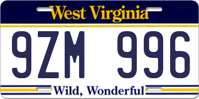 WV license plate 9ZM996