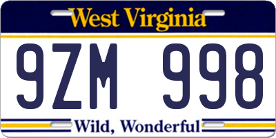 WV license plate 9ZM998