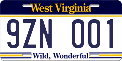 WV license plate 9ZN001