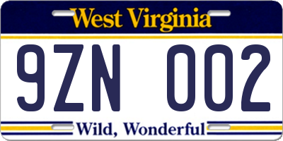 WV license plate 9ZN002