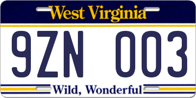 WV license plate 9ZN003
