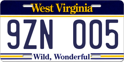 WV license plate 9ZN005