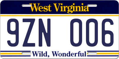 WV license plate 9ZN006