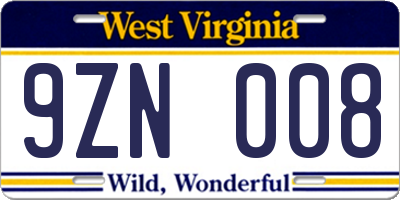 WV license plate 9ZN008