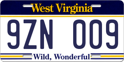 WV license plate 9ZN009