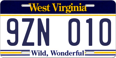 WV license plate 9ZN010