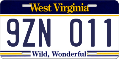 WV license plate 9ZN011