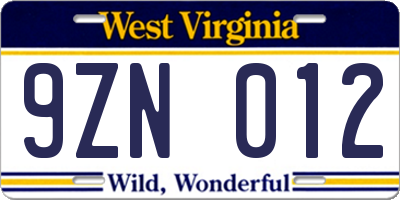 WV license plate 9ZN012