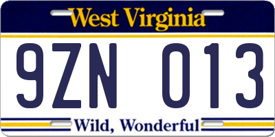WV license plate 9ZN013