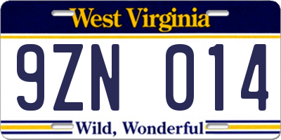 WV license plate 9ZN014