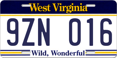 WV license plate 9ZN016