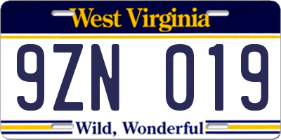 WV license plate 9ZN019